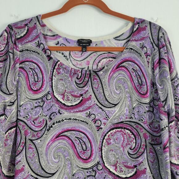 Talbots Merino Wool Gathered Shoulder Paisley Sweater Top size 2XP purple office - Picture 3 of 7